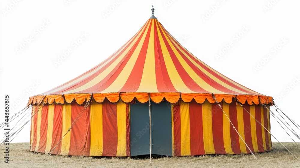 Colorful striped circus tent in open field with red and yellow canvas Colorful striped circus tent in open field with red and yellow canvas