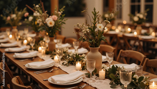 Elegant dining setup with candlelight and floral arrangements, DIY decor
