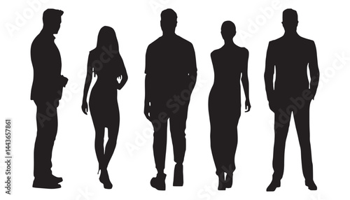 Business people, set of vector silhouettes. Vector silhouettes of men and a women, a group of standing business people, black color isolated on white background.