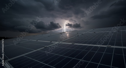 Solar Panels Under Dramatic Sky with Lightning Strike Energy Concept
