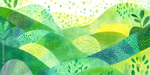 Abstract green landscape with rolling hills and patterns