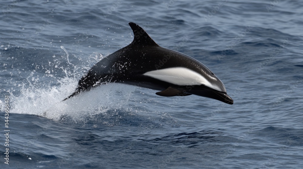 Fototapeta premium Dusky Dolphin Leaping, Oceanic Splash, Striking White Stripe