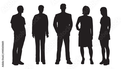 Business people, set of vector silhouettes. Vector silhouettes of men and a women, a group of standing business people, black color isolated on white background.
