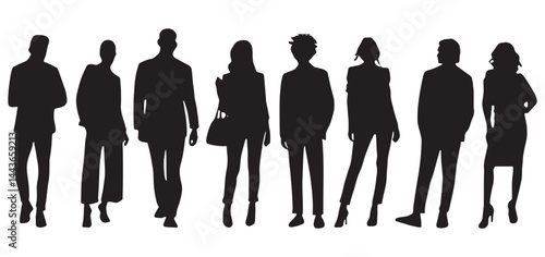 Business people, set of vector silhouettes. Vector silhouettes of men and a women, a group of standing business people, black color isolated on white background.