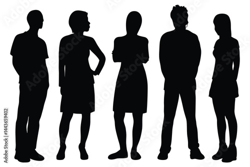 Business people, set of vector silhouettes. Vector silhouettes of men and a women, a group of standing business people, black color isolated on white background.