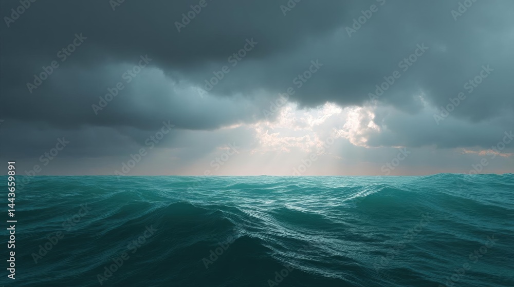 Fototapeta premium Landscape photograph of the ocean. the sky is filled with dark, ominous clouds that are covering the entire horizon.
