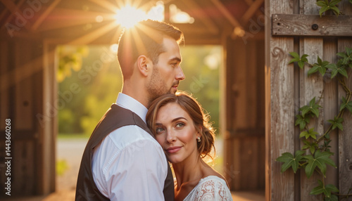 Bride gazing lovingly at groom in rustic barn, wedding bliss