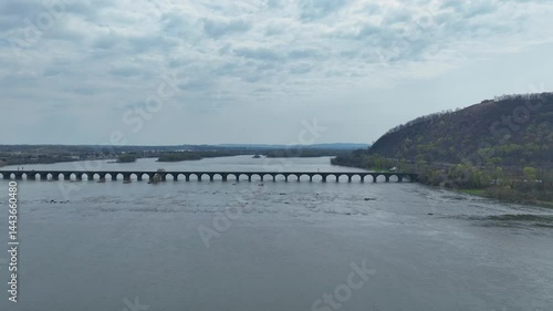 Shocks Mills Bridge on the Susquehanna River in Harrisburg Pennsylvania. Beautiful drone photograph of open Pennsylvania landscape.  Open skies and clear views of sounding mountains and flowing river.