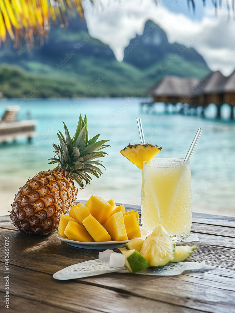 Refreshing pineapple cocktail overlooking mount otemanu in bora bora