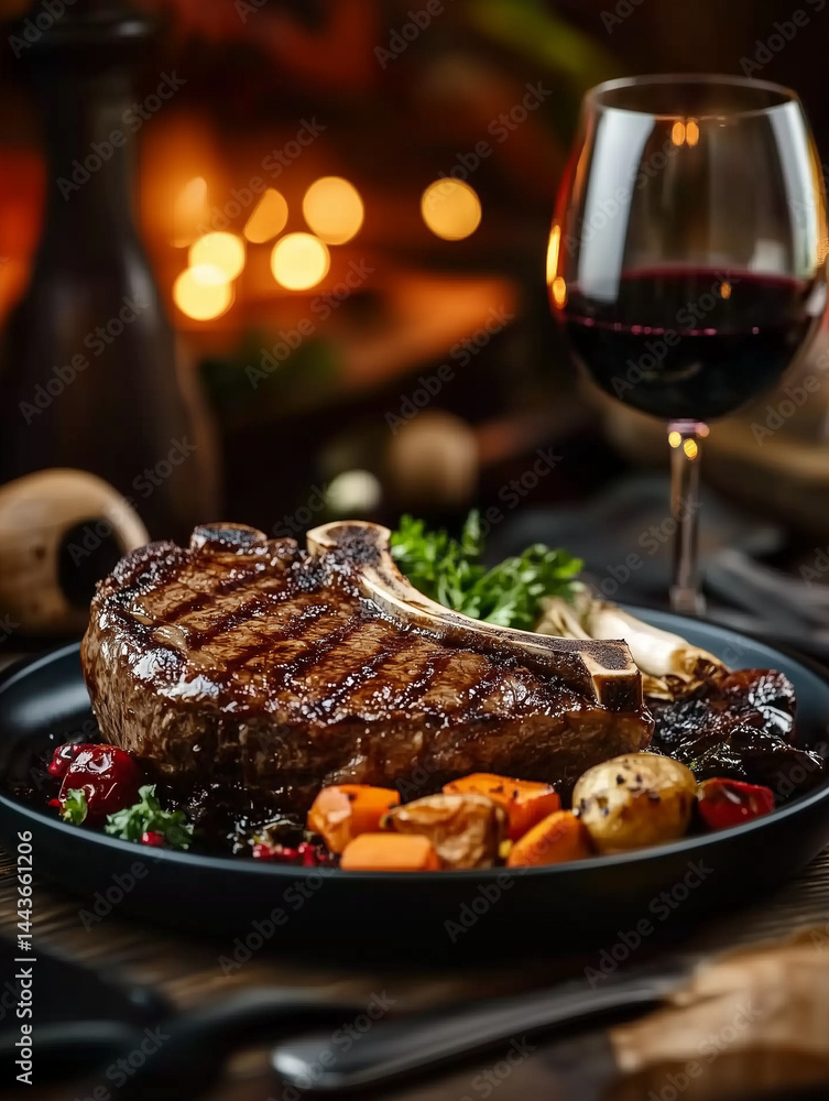 Grilled tomahawk steak with roasted vegetables and red wine in romantic restaurant setting