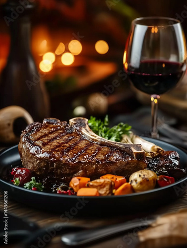 Obraz na płótnie Grilled tomahawk steak with roasted vegetables and red wine in romantic restaurant setting w salonie