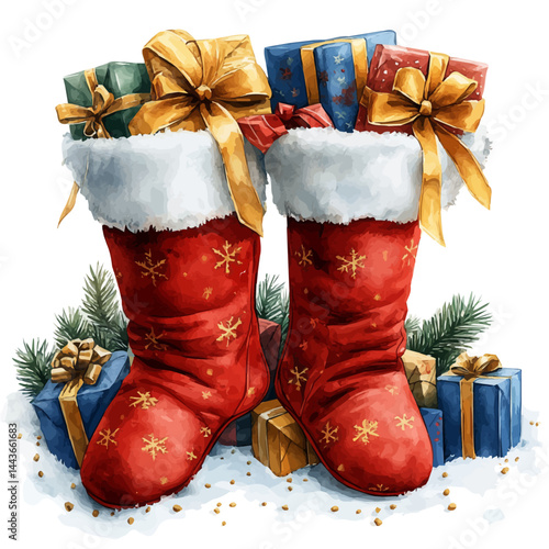 watercolor of Red Christmas Stocking With Gifts, vector, isolated on a white background.
