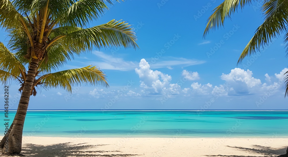 Idyllic Beach Scene with Palm Trees, White Sand, and Turquoise Water Idyllic Beach Scene with Palm Trees, White Sand, and Turquoise Water