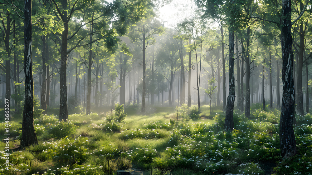 Obraz premium Scenic Sunny Morning Forest Background on White Isolated, Nature Landscape Artwork