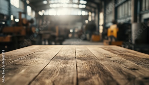Wallpaper Mural Rustic Wooden Table Top in a Blurry Industrial Setting Torontodigital.ca