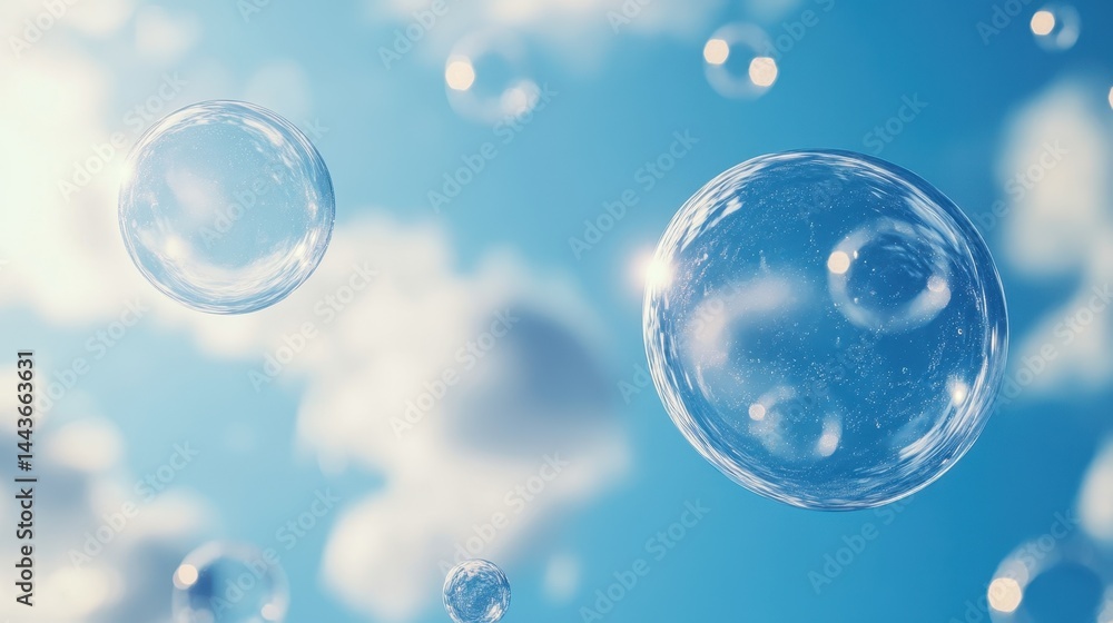 Beautiful clear soap bubbles against a bright blue sky with white clouds Beautiful clear soap bubbles against a bright blue sky with white clouds