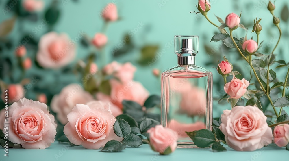 Elegant perfume bottle with pink roses and green foliage on turquoise background Elegant perfume bottle with pink roses and green foliage on turquoise background