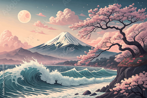 A beautiful landscape with cherry blossoms waves and mount fuji under a pink sky and a large moon above