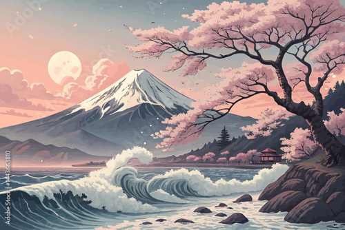 Scenic view of mount fuji with cherry blossoms and ocean waves at sunset in a serene landscape scene
