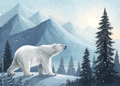 A polar bear walking in a snowy landscape with mountains and evergreen trees in the background scene