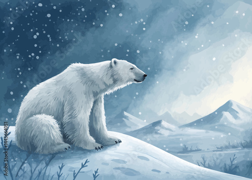 A polar bear sits on a snowy hill with mountains in the background on a snowy winter day scene image