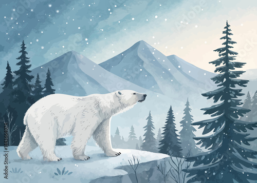 A polar bear walks across a snowy landscape with mountains and pine trees in the background scene view