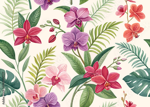 Seamless pattern with tropical leaves and colorful orchids in a watercolor style design art work