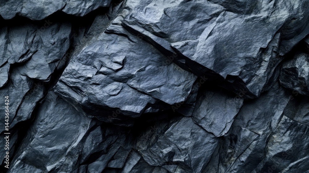 Dark, rugged rock face texture. Close-up view of layered, fractured stone surface Dark, rugged rock face texture. Close-up view of layered, fractured stone surface