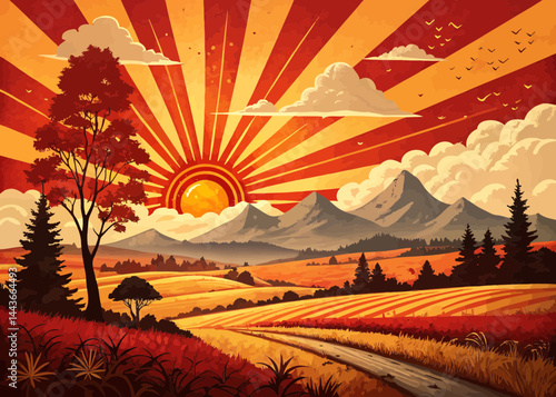 Landscape view of a sunrise over mountains with birds and trees in a colorful painting style scene
