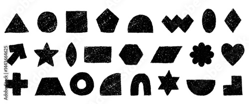 Charcoal texture figure set. Geometric shapes hand drawn with crayon. Silhouettes of black pencil textured primitive elements. Vector illustration isolated on a white background.