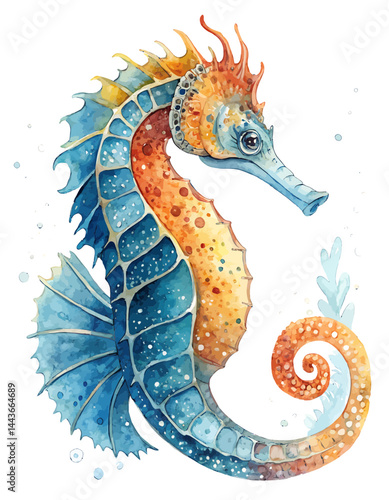 Watercolor painting of a seahorse with blue fins and an orange spotted body on a white background