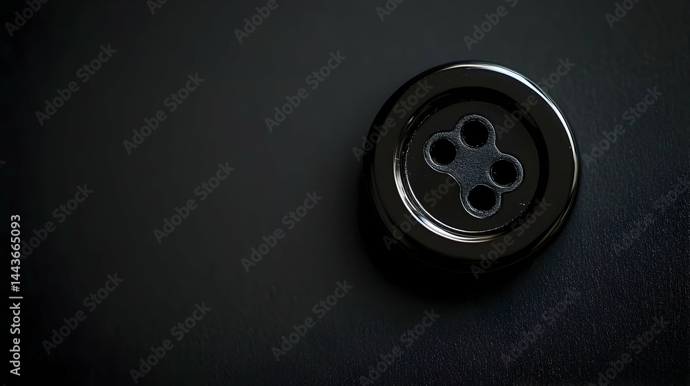 Close-up of a single black clothing button on a dark background, ideal for fashion or textile websites Close-up of a single black clothing button on a dark background, ideal for fashion or textile websites