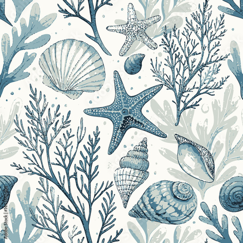 Illustration of various seashells, starfish, and seaweed in a blue and white color palette design