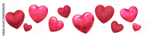 Set illustrations bright hearts in cartoon style on isolated background
