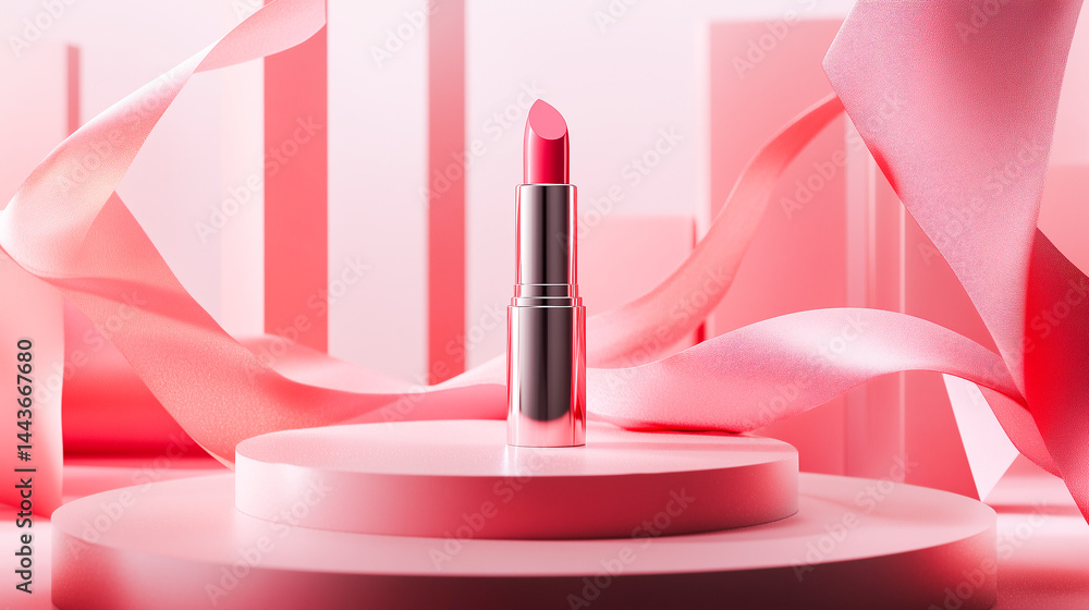 Pink lipstick standing upright on a round podium.