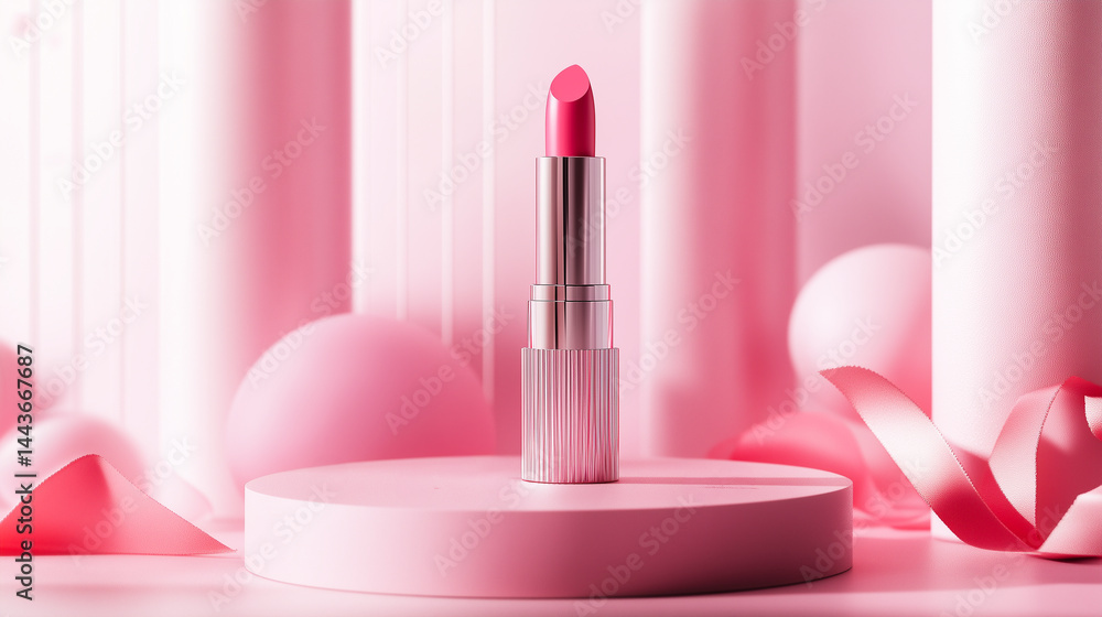 Pink lipstick standing upright on a round podium.