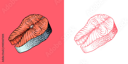 Fish sketch. Salmon fillet, ink hand drawn vector illustration. Steaks slices. Fresh product. Engraved style vintage seafood. sea food restaurant menu, cooking recipe, product package, card
