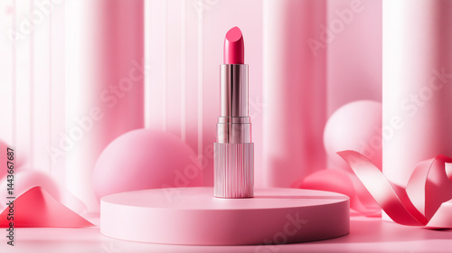 Obraz na płótnie Pink lipstick standing upright on a round podium. w salonie