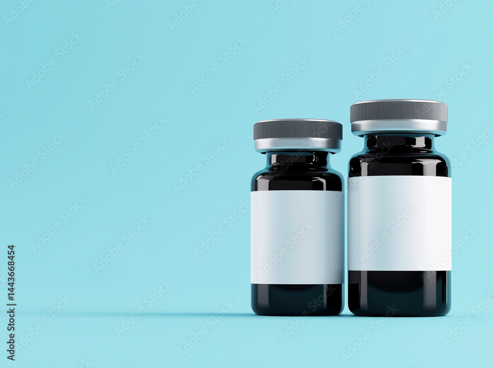 Glass medical vial with transparent blue liquid and blank white label on pastel blue background.