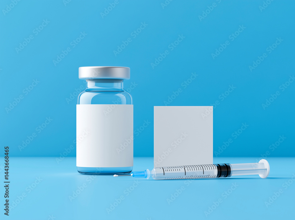 Amber glass vial with blank white label and syringe on blue background.