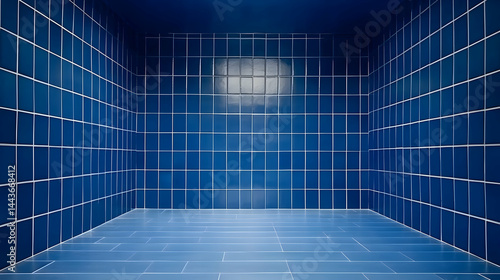 Blue tiled room, empty space, subtle lighting, background texture, product placement