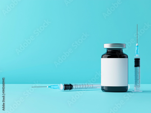Amber glass vial with blank white label and syringe on blue background.
