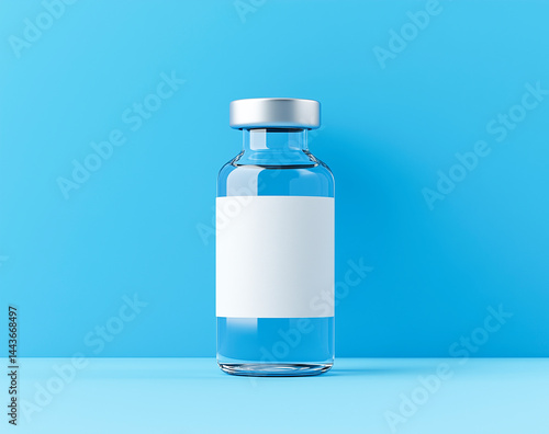 Glass medical vial with transparent blue liquid and blank white label on pastel blue background.