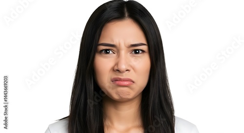 A portrait of a young woman showing an expression of intense disgust and dislike on her face.