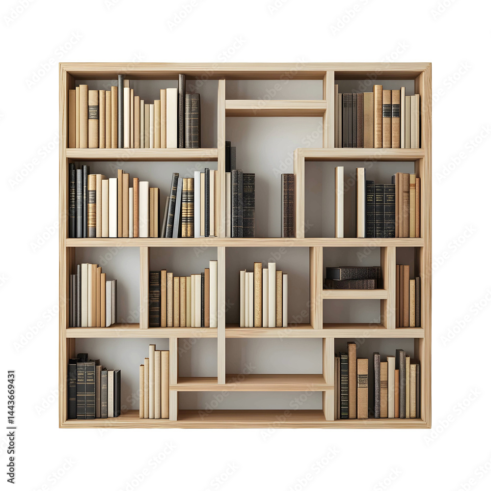 Wooden Bookshelf: A meticulously designed, minimalist bookshelf filled with an array of books, creating a visually appealing arrangement, highlighting the essence of knowledge. 