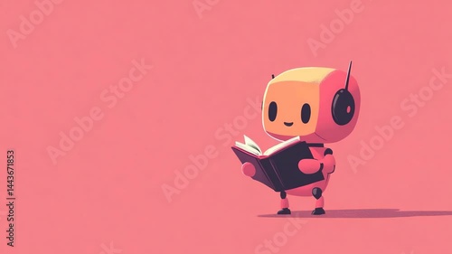 Wallpaper Mural Cute cartoon robot character reading a book on a pink background, symbolizing learning and future technology. Torontodigital.ca
