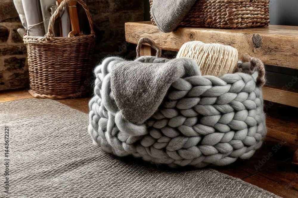Obraz premium Chunky knit basket in light grey on pinewood bench in a Nordic mudroom