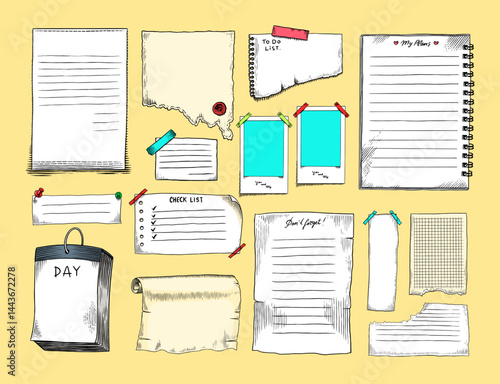 Paper notes for daily planner. Hand drawn bullet journal elements. Notebook sheets doodles. To do list, memo sheet stickers, blank vector set