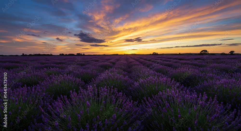 Lavender Field at Colorful Sunset with Dramatic Sky and Horizon Lavender Field at Colorful Sunset with Dramatic Sky and Horizon