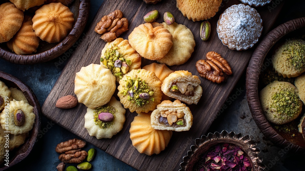 An overhead shot of maamoul cookies with pistachios and walnuts on a wooden board and in bowls around it An overhead shot of maamoul cookies with pistachios and walnuts on a wooden board and in bowls around it